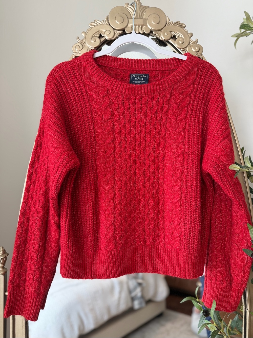 Abercrombie & Fitch Bright Red Cable Knit Crewneck Sweater